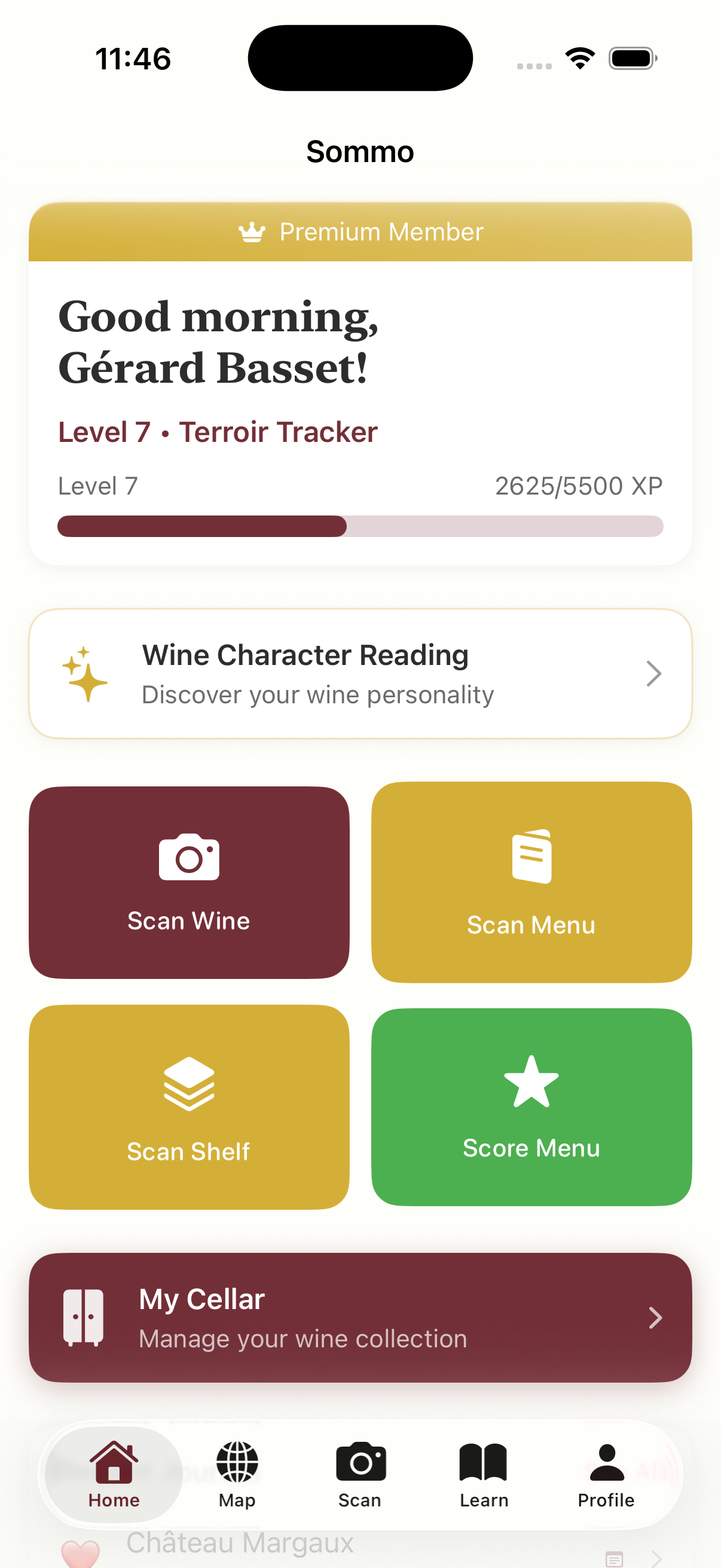 Sommo app home screen showing personalized wine journey dashboard