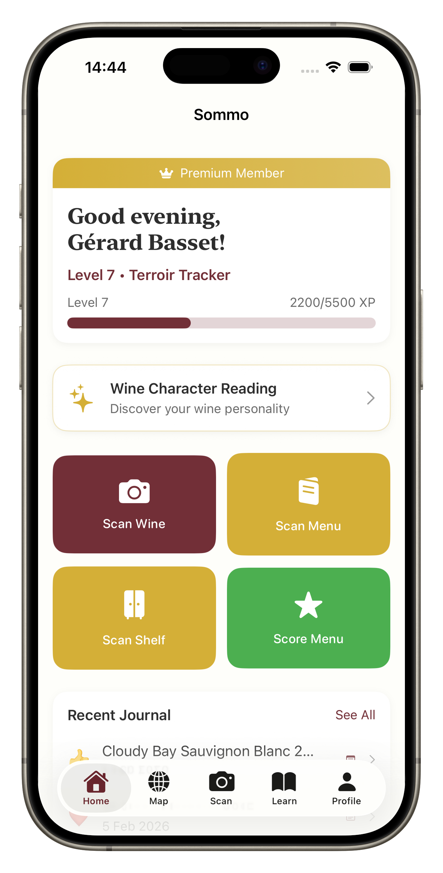 Sommo app home screen showing personalized wine journey dashboard